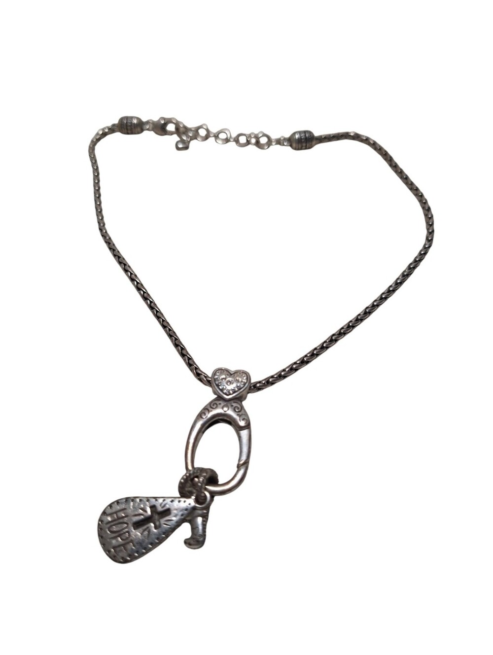Brighton HEART Charm Holder Necklace w/ HOPE & Boot pendants Silver Toned Y2K
